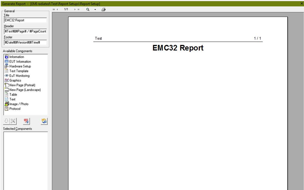Creating Reports Figure 42: In the Test Component tab of the EMC32 Explorer we start the Report Generator with an empty