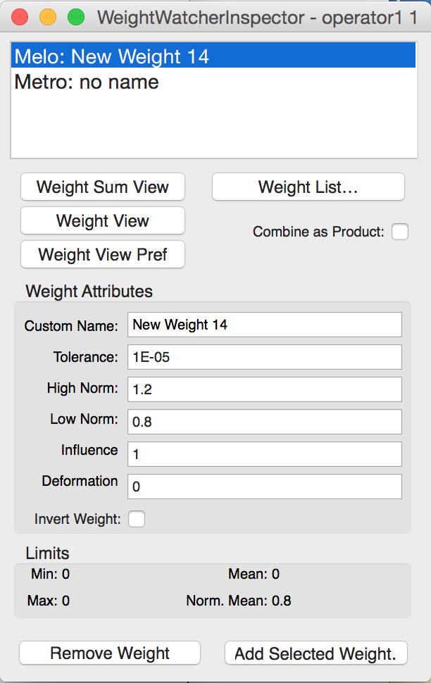 Figure 28: Detail of the WeightWatcherInspector where one of the two previously created analytic weights has been selected. We can also use Invert Weight. 13. Click on the selected weight.