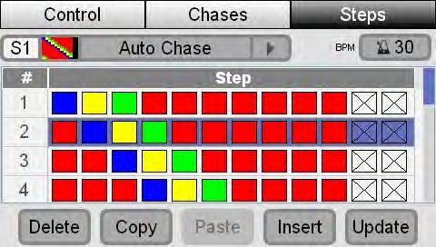 Chases Editing a Chase To change a Chase s other settings you do this: 1. Tap on the name of the Chase, to select it 2. Push the Control button to switch to the Chase control window 3.