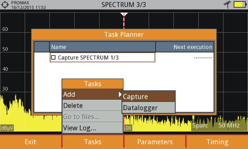 Figure 59. The "Capture" option performs the capture task. The user can select the screen and type of capture. The screen options include any view in the three modes: Measurement, Spectrum or TV.