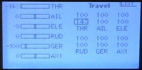 In the Travel screen, move the jog-wheel to highlight the THR channel. Lower the throttle stick all the way down. Click the jog-wheel to select the THR channel. 3.