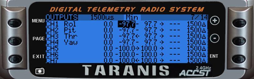 Adjusting Channel Endpoints on a Taranis Radio 1. Press Menu to enter the menus. Then press Page until you come to the Outputs screen, as shown below. 2.