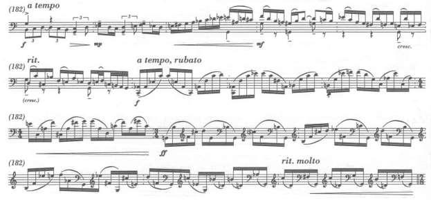 11 Figure 4: Bach Prelude-like material in the cadenza of "Cello Concerto." One unifying feature of all three concerti is the frequent use of parallelism between the soloist and the orchestra.