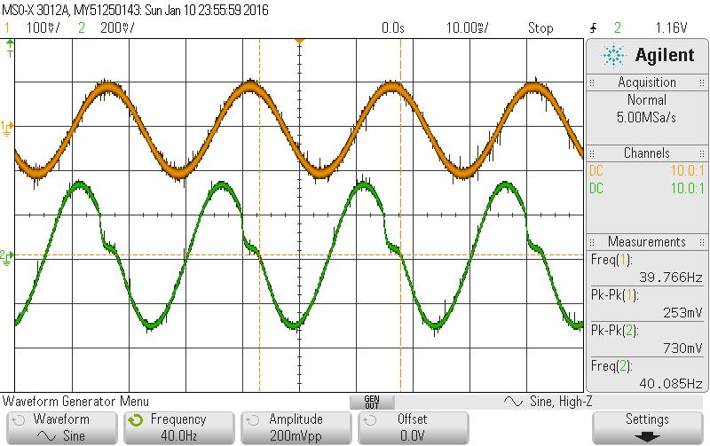 Figure 26: Distorted Solid-State Amp Output Signal (Green Trace) observed between 30-50 Hz. *Attenuation was not captured in this figure, issue was addressed before this figure was captured.