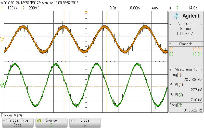 Gain (db) Figure 28: Output of Solid State Amplifier at 40 Hz (Green Trace) *Note lack of peak noise, attenuation, or 30-50 Hz distortion By placing rail capacitors and putting larger capacitors at