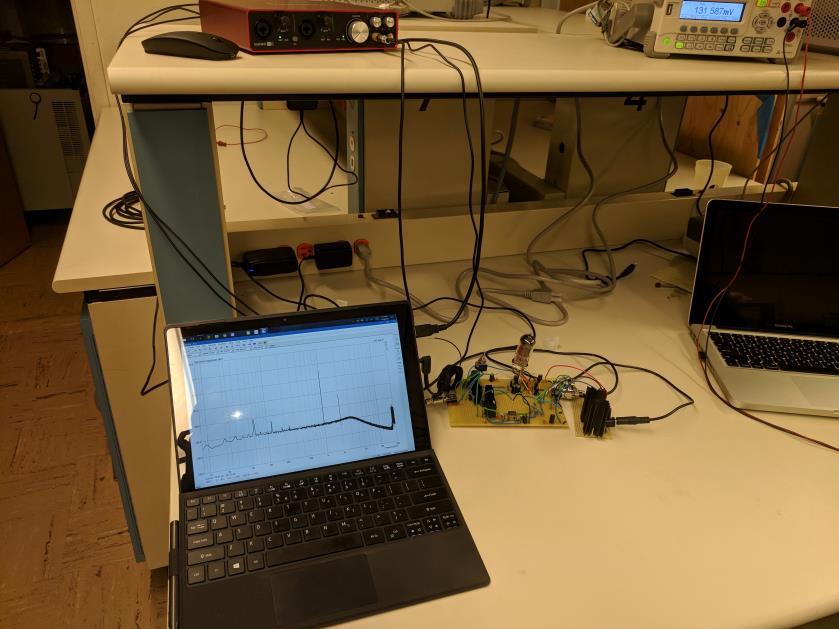 Figure 34: THD/IHD/Frequency Response Test Setup for Finalized Project *Red box pictured above is the audio DAC interface between laptop and amplifier for running THD/FR tests Using the test setup