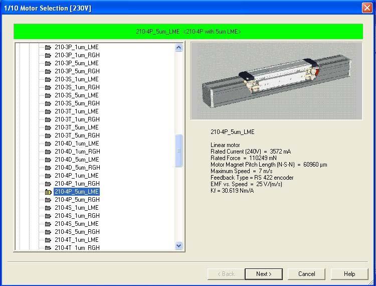 Step 2: Compax3 Drive Configuration Note that the Trilogy positioner part numbers contain the motor part numbers. Select the motor and encoder feedback in C3 ServoManager.