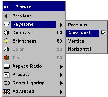 Picture menu To adjust the following six settings, highlight the setting, press Select, use the up and down arrows to adjust the values, then press select to confirm the changes.