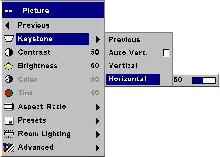 If you want the projector to automatically adjust the vertical keystone, check the Auto Vert check box. Horizontal Keystone: adjusts the image horizontally and makes a squarer image.
