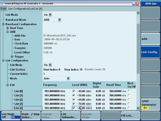 Calibration of receiver signal strength indication (RSSI) 1) The R&S CMW500 enables the following calibration scenario: The GPRF 1) generator in List mode can be operated with preconfigured levels
