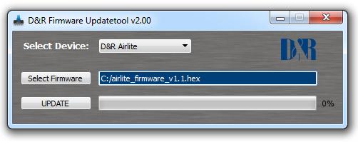 1.5 Firmware Updatetool Firmware Updatetool can be used to update the internal firmware of the Airlite console. The latest firmware can be downloaded from the D&R WIKI page: http://www.