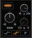 EQ Module High section Gain Adjusts the gain of the high-shelf filter. Range: -18 db to +18 db Frequency Sets the frequency of the shelf filter.