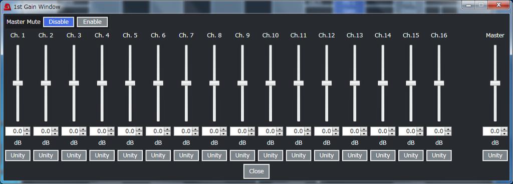 10-3-8. FS 1/2 Gain Click FS 1 Gain or FS 2 Gain in the Audio Block to display the following window. Master Mute Enable Ch.1 to 16 0.0dB -20.0dB to +20.0dB Master 0.
