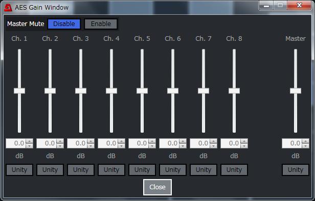 Sets the gain offset for all embedded output channels. 10-3-9. AES Gain / Option Gain Click AES Gain or Option Gain in the Audio Block to display the following window.
