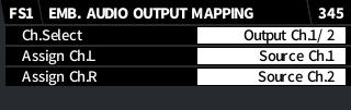 6-9. EMB. AUDIO OUTPUT MAPPING Allows you to assign the following audio signals to SDI output and AES output audio channels. Audio source signal Description Reference menu Menu no. Output Source Ch.