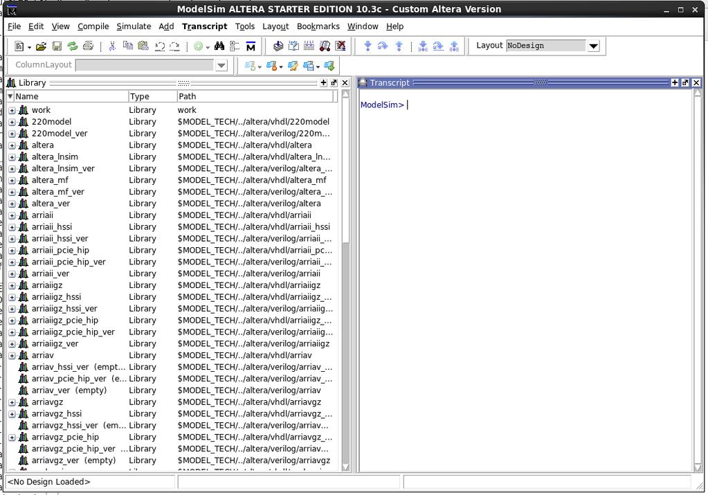 Simulating the Testbench Start Modelsim File -> New -> Library Create the default work library inside of our project RTL