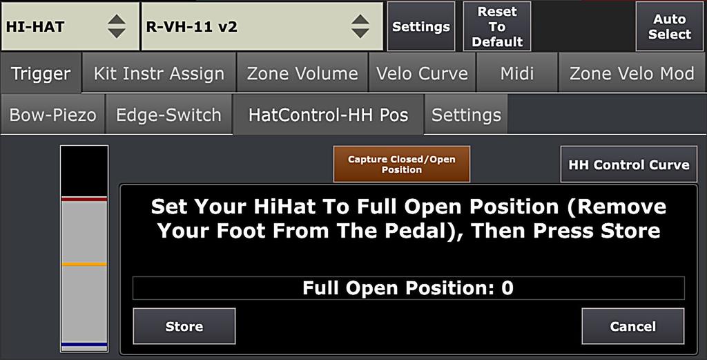 CALIBRATING THE HI-HAT (continued) Pic 17b 6. Dial the Close/Open Border Threshold fader manually, see (Pic 17c). This fader is represented by yellow line on the bar on left from faders.
