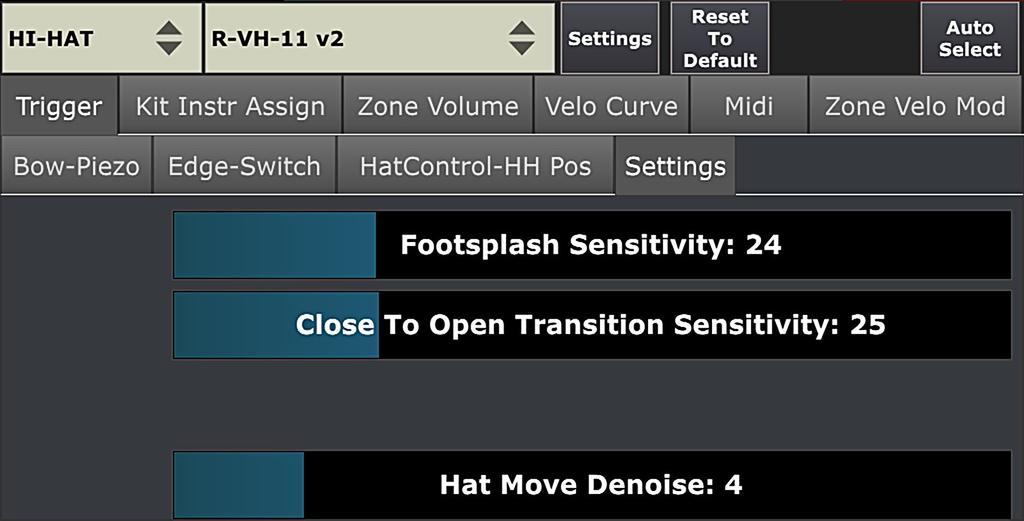 CALIBRATING THE HI-HAT (continued) 7. For further calibration, go to Setting tab for Hi-Hat pad, see (Pic 18). First parameter on this tab is Footsplash Sensitivity.