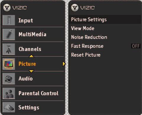 Adjusting the Picture When viewing DTV / TV or an HDMI, Component, or AV source, the following picture adjustment OSD screens are available when you press MENU/SELECT on the remote control.