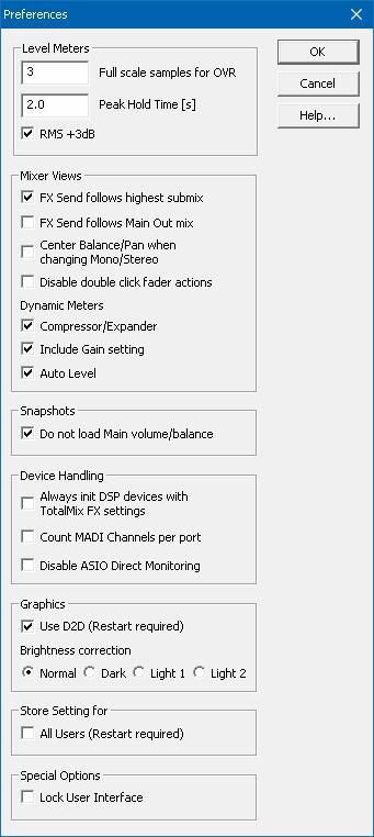 19.6 Preferences The dialog Preferences can be opened via the Options menu or directly via F2. Level Meters Full scale samples for OVR.
