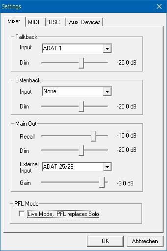19.7 Settings The dialog Settings can be opened via the Options menu or directly via F3. 19.7.1 Mixer Page On the mixer page some typical settings for the mixer operation are set, like Talkback