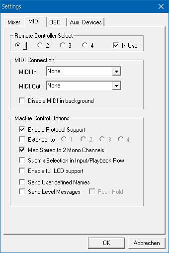 19.7.2 MIDI Page The MIDI page has four independent settings for up to four MIDI remote controls, using CC commands or the Mackie Control protocol.