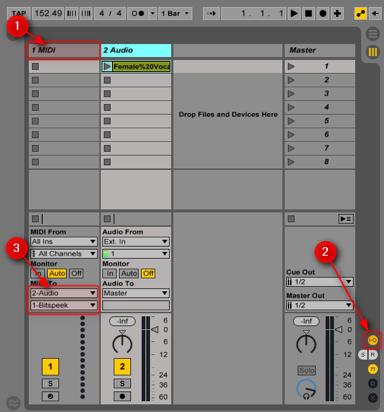 Ableton Live 9 (Add Bitspeek to the effect chain on an audio or instrument track. Then turn the MIDI switch to On and Tracking down to 0% in the Bitspeek interface.) 1. Create a MIDI track. 2.
