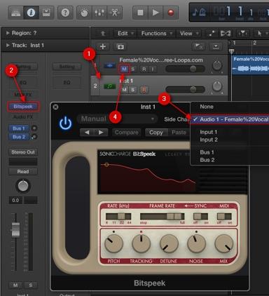 Apple Logic Pro X 1. Create a new instrument track. 2. Click the Plug-In button and select Bitspeek under MIDI-controlled Effects. (Turn the MIDI switch to On in Bitspeek and turn down Tracking to 0%.