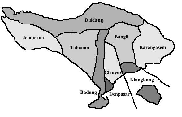 Fig. 1.1 Map of kabupaten in Bali The core of Balinese society still rotates around the rhythms of traditional life.