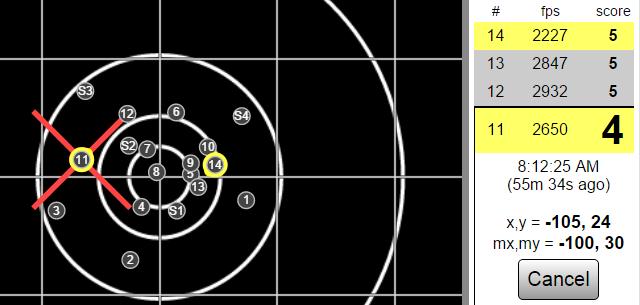Each target is connected and working (appears green at the bottom of the display). Fire at least one shot near the center of each target.