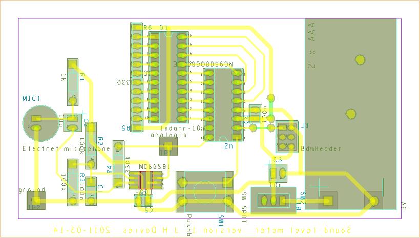 Figure 6. Layout of the PCB for the prototype. The board could probably have been routed entirely on the bottom but two links on top (shown green) gave a simple layout.