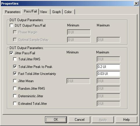 DUT Output Timing/Jitter Advanced Analysis You can set pass/fail limits individually for the output timing parameters and the jitter measurement parameters: For information on the DUT Output