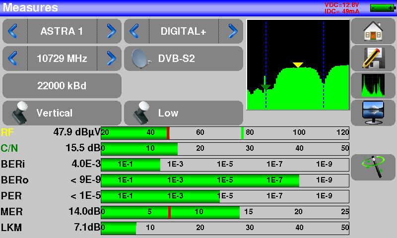 12.13 DVB-S2 TUNER DEMODULATEUR LDPC BCH DECODAGE MPEG BERi BERo PER Display of the measures of: BERi : BERo : PER : MER : LKM : Recall: error rate before LDPC error rate after LDPC error rate after