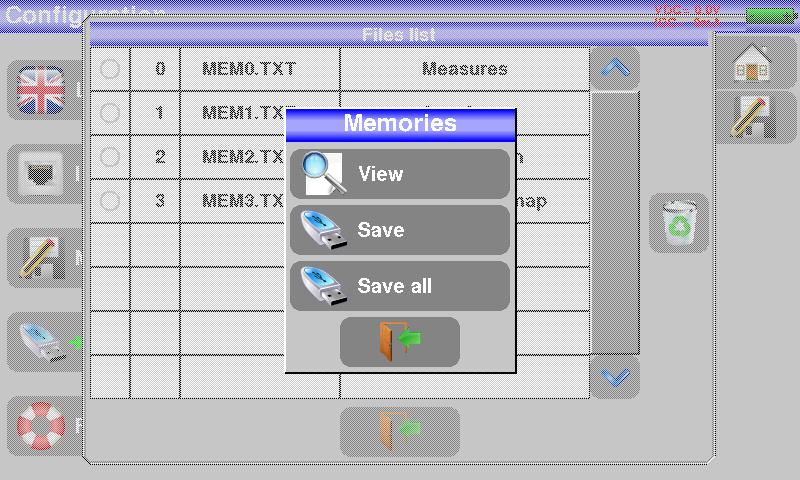 19.3 Memories MCT 049 To save a picture or any other feature, see chapter Save The number of saved file and their memory size are displayed.