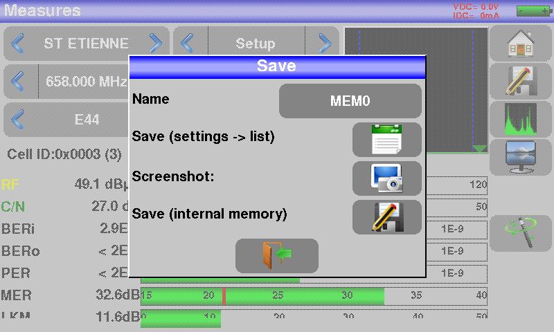 21 Save Pressing opens a window (here, on the Measurement page): In this window, you can save the current measurement parameters from the active list, make a screen shot to a USB stick under BMP