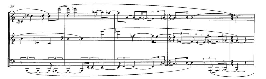 14 Copyright Faber Music Ltd, 1999. Ex. 5.1: Short-score of second movement, bars 18 33. The clarinets repeat the opening melody note for note, though this time each note lands on the offbeat.