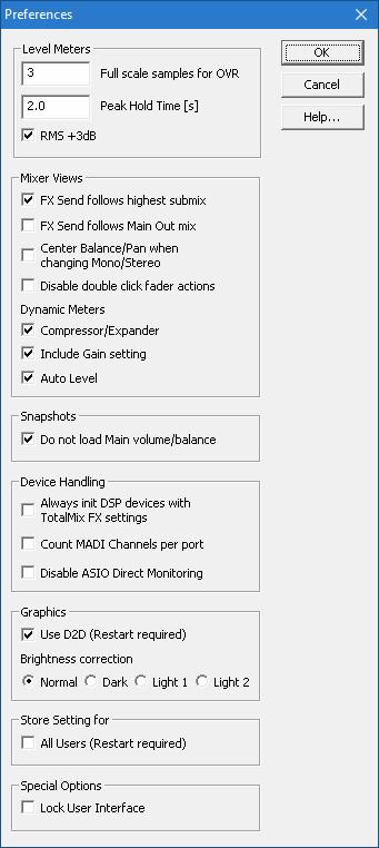25.7 Preferences The dialog Preferences can be opened via the Options menu or directly via F2. Level Meters Full scale samples for OVR.