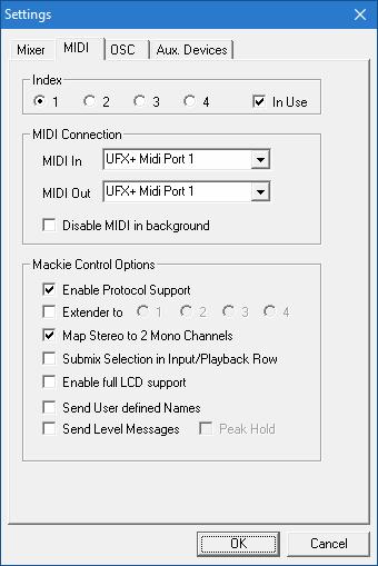 25.8.2 MIDI Page The MIDI page has four independent settings for up to four MIDI remote controls, using CC commands or the Mackie Control protocol.