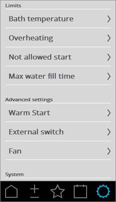 Limits menus To set the maximum allowed bath temperature, select Bath temperature. This lets you limit the temperature anyone can set the bath to (no more than 125 F by default).