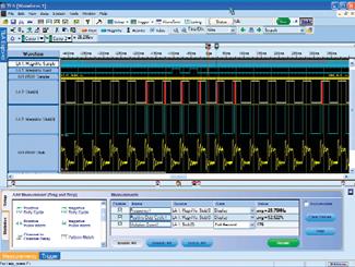 The DPO4000 Series fast waveform capture rate, coupled with its intensity-graded view of the signal, provides the same informationrich display as an analog oscilloscope, but with much more detail and