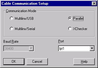 JTAG Programmer Guide Figure 3-1 Communications Dialog Box 3. Select the cable you are using and match to the port you are using, then click on OK.