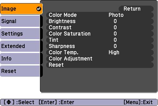 Adjusting Colors and Clarity The Image menu lets you make adjustments to the colors of the projected image and fine-tune brightness, contrast, and sharpness.