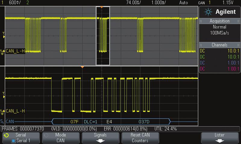 Only Oscilloscopes with a Dual-bus Time-interleaved Protocol Lister Display Only Oscilloscopes with a Real-time Frame Counter with Bus Utilization Figure 5: Dual time-interleaved lister display makes
