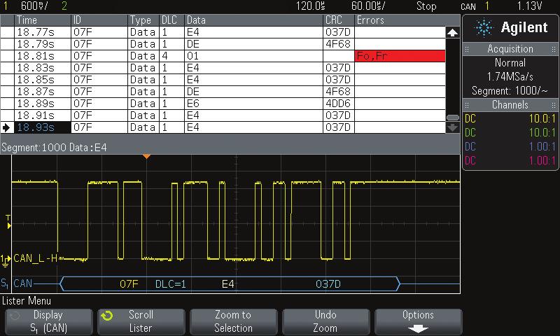 Only Oscilloscopes with Segmented Memory Acquisition with Frame Decoding in a Lister Display Only Battery-Operated Oscilloscopes with Automotive Options Segment # 1000 @ 18.