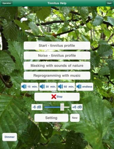 Figure 2-4: The main menu From top to the bottom there are the following buttons: Operation Start Start tinnitus profile Noise tinnitus profile Masking with sounds of nature Reprogramming with music