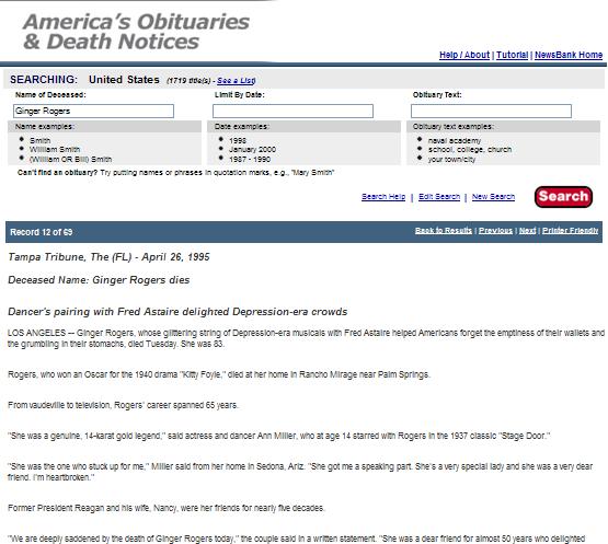 America s Obituaries and Death Notices Find obituaries and death notices in American newspapers.