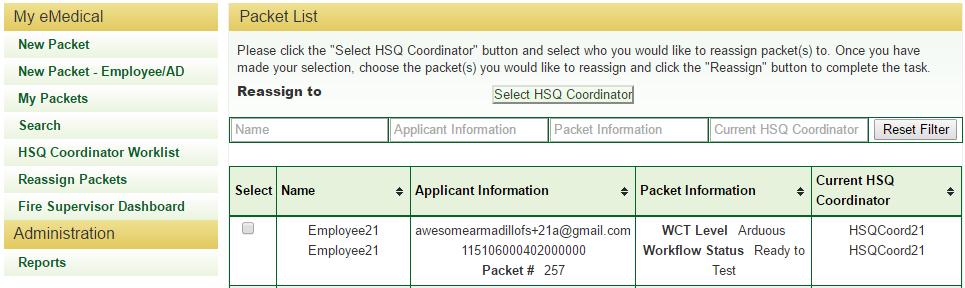 Click the Select HSQ Coordinator button next to the Reassign to field on the Packet List page.