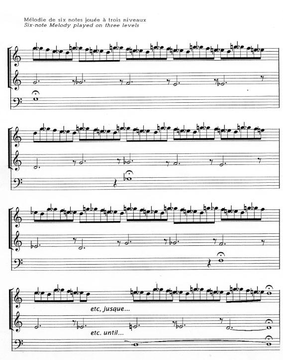 The organ piece Six-Note Melody (1987) is another case where four voices play the same thing in four octaves in four tempos, but here the melody is a chromatic scale, the slower voices play in unison