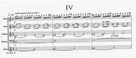 The fourth movement of Movements for wind quintet (1980) follows another doubling procedure, but I ll define it the way mathematicians usually define automata, that is, with a transformation rule: n