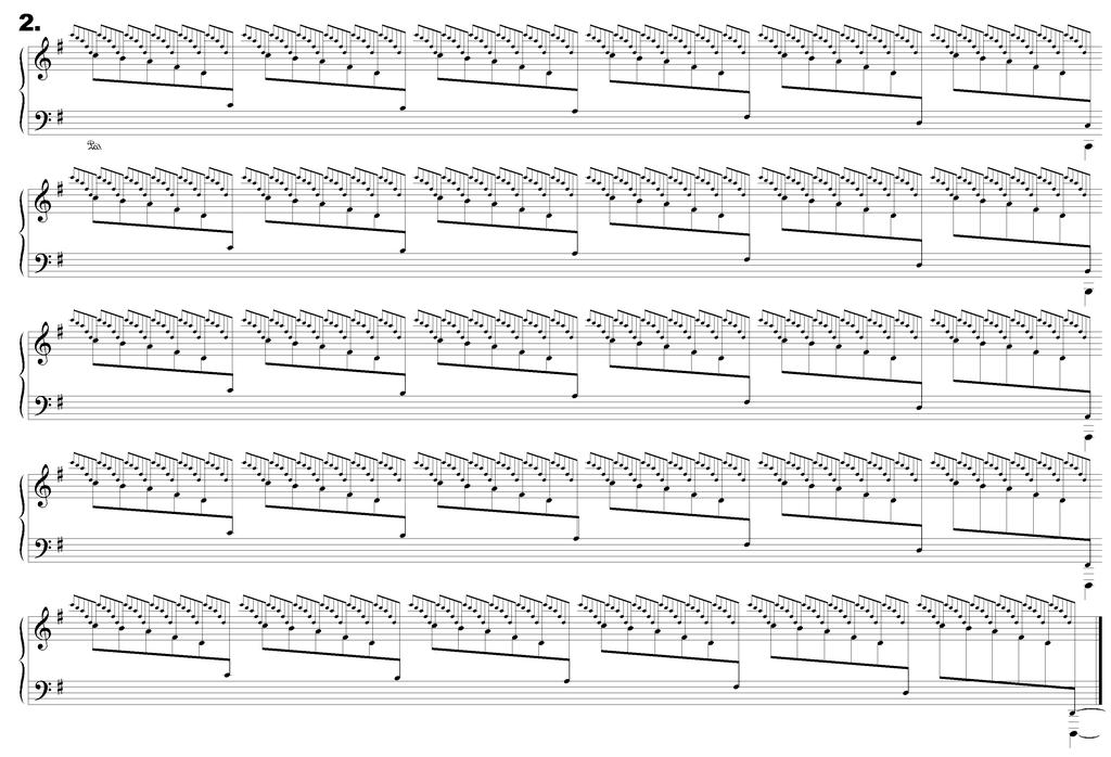 The five notes of the second movement of the piano piece, Counting Keys, copy themselves exactly at a ratio of 5 : 1, and the structure is pretty obvious when you see it, though it sometimes